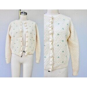 50s WOOL Floral Embroidered Cardigan GORGEOUs Little Bue Flowers Chunky XS - S